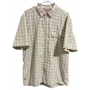 Simms Fishing Tan Plaid Snap Button Short Sleeve Vented Shirt Men's Size Large